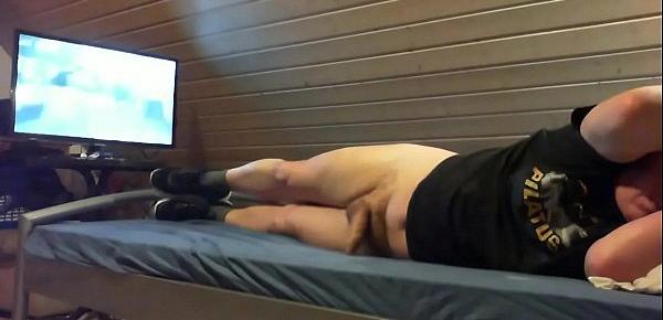  Boy jerks on bed with cum in mouth